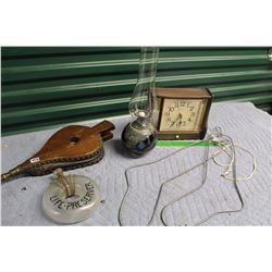 Bellows, Glass Lamp, Westclox Electric Clock (Working), Stocking Stretchers