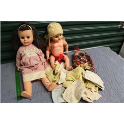 Lot of Two Dolls w/Dress Up Clothes & Bag of Pogs