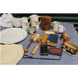 Lot of Misc. (Swinnerton Jugs, Kodak Camera, Hair Clippers, Shoe Stretchers, Etc) w/Tupperware Tub