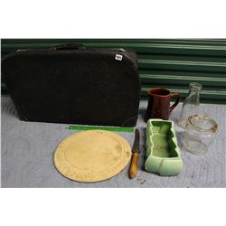 Pitcher, Milk Bottle, Glass Tray w/Doctors Case