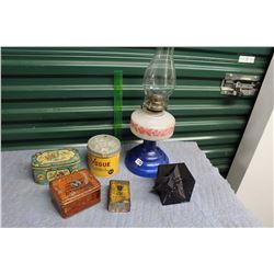 Lot of Collector Tins, Coal Oil Lamp & Time Cube