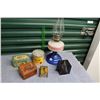 Image 1 : Lot of Collector Tins, Coal Oil Lamp & Time Cube