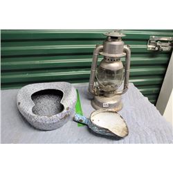 Enamel Wear (Scoop & Bed Pan) & Beacon Barn Lantern