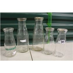 Milk Bottles (5)(2 Mennonite Youth Farm Rosthern, City Dairy, Purity & University)