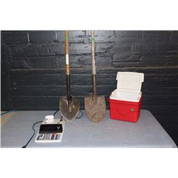 Small Coleman Cooler, Spades (2) & Sharp Adding Machine (Working)