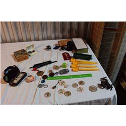 Lot Of Misc. (Milk Caps, Mini Clamp, Eye Glasses, Red Rose Measuring Spoons, Pins, Jewelry, Book)