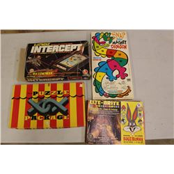 Lot of Vintage Games (4)(Intercept, Puzzle Package, Snap The Magnet Dragon &Bugs Bunny Lite-Brite)