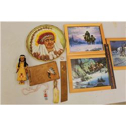 Lot of Aboriginal Related Items (3 Framed Photos, Doll, Beading, Knife, Etc;)