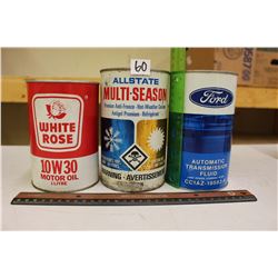 Motor Oil Tin Cans (3)(Ford, White Rose& AllState)(All Emptied)