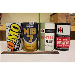 Motor Oil Tin Cans (4)(Co-Op& International Harvester)(All Emptied)