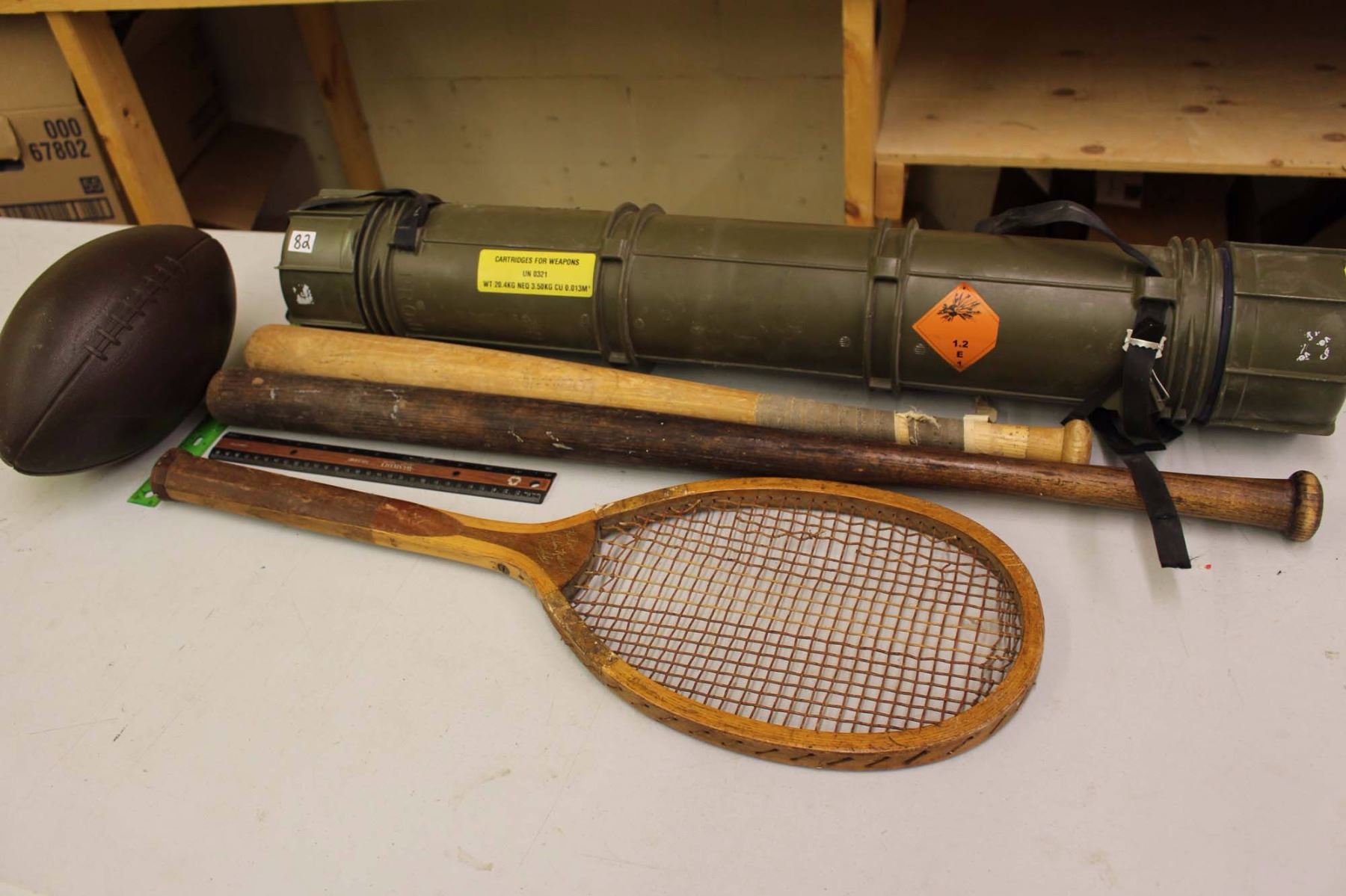 Cartridges for Weapons, Wooden Baseball Bats (2), Wooden Tennis Racket ...