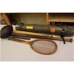 Cartridges for Weapons, Wooden Baseball Bats (2), Wooden Tennis Racket & Plastic Football