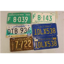 License Plates (6)(Saskatchewan 1932,1968-69, California, Manitoba)