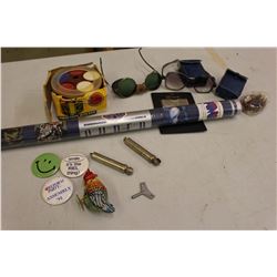 Lot of Misc (Poker Chips, Cornwall Lighter, Superbowl Poster, Balloon Tire Gauges, Glasses, Etc;)