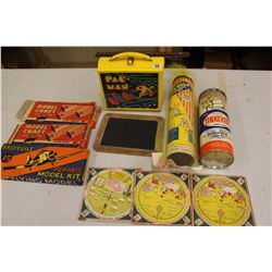 Lot of Child Related Toys (PAC-Man Plastic Lunch Box, Tinkertoy, Fit ‘N’ Build, Kellogg’s Wheel of K