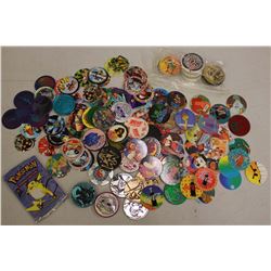 Huge Lot of Assorted Pogs (Disney, Coco-Cola, Barbie, Etc;)w/ Pack of Pokemon Trading Cards