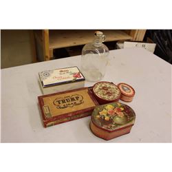Lot of Containers (A&W Jug, Trump Cigar Box, Riley’s Toffee Tin, Moirs Cherry Cocktails Box, Etc;)