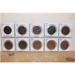 England Pennies (10) 1870, 1896, 1907, 1913, 1916, 1917, 1919, 1964, 1965, 1967
