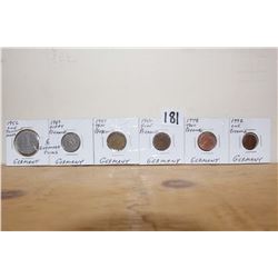 German Coins (6) 1956 One Deutsche Mark, 1969 Fifty Pfennig, 1950 Ten Pfennig, 1950 Five Pfennig, 19