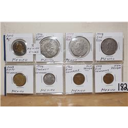 Mexico Coins (8) 2010 $5.00 Coin, 1976 Fifty Pesos, 1977 Ten Pesos, 1978 One Peso, 2008 Fifty Centav