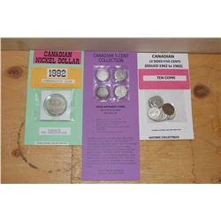 1982 Canadian Nickel Dollar- Commemorative, Four Types of 5 Cent Coins- 1935 George V, 1938,1943,195