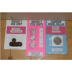 George V 5 Cent Coins- 1934, 1935, 1936, 1984 Nickel Dollar- Jacques Cartier&George V 1 Cent 1920 to