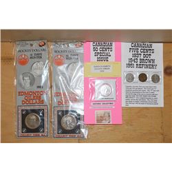 Two Official Issue Edmonton Oilers Dave Hunter Dollars, Canadian 5 Cent Coins- 1937, 1943, 1951& Spe