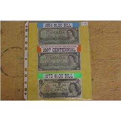Canadian $1.00 Banknotes- 1954, 1967, 1973