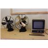Image 1 : 1977 Hitachi Television (14”x13”x11”) & Two Vintage Fans