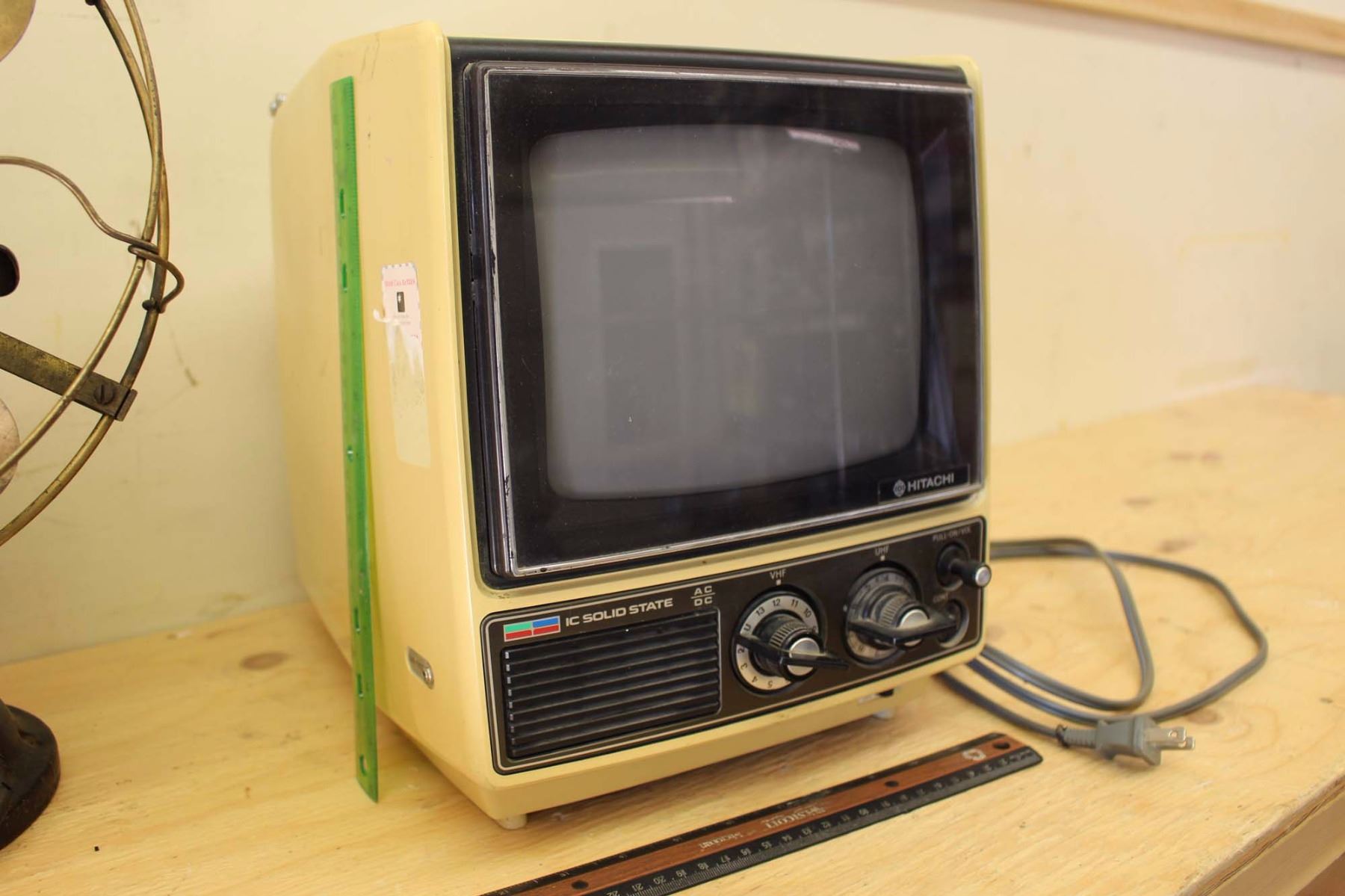 1977 Hitachi Television (14”x13”x11”) & Two Vintage Fans