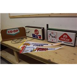 Two Dairy Product Clocks, Co-Op Wall Mount & Two Flags