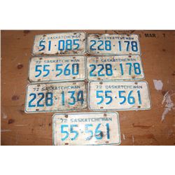 Lot of Saskatchewan License Plates (7)(All Dated 1972)