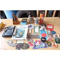 Lot of Misc. (Mississippi Mud Black & Tan Beer Glass Jug, Guitar Strings, Cassette Player, Badges, E