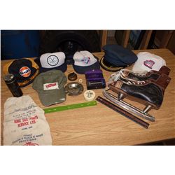 Lot of Misc. (Caps, Figure Skates, Safety Razor, Celebrate Saskatchewan Pin, Etc;)