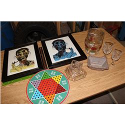 Lot of Misc. (Assorted Glassware, Framed Prints, Chinese Checkers)