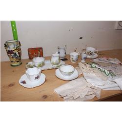 Lot of Assorted Glassware (Cups, Saucers) & Doilies