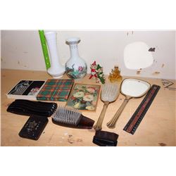 Lot of Misc. (1972 Canada Silver Coin, Vintage Mirror & Brushes, Avon, Vases, Etc;)