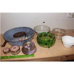 Enamel Ware, Glass Containers, Bowls, Knifes, Etc