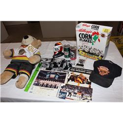 Lot of Vancouver Canucks Items (Canada Dry Cans, Cereal Box, Hat, Etc;)