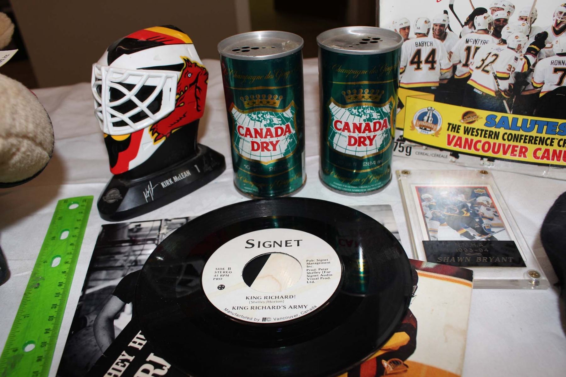 Lot of Vancouver Canucks Items (Canada Dry Cans, Cereal Box, Hat, Etc