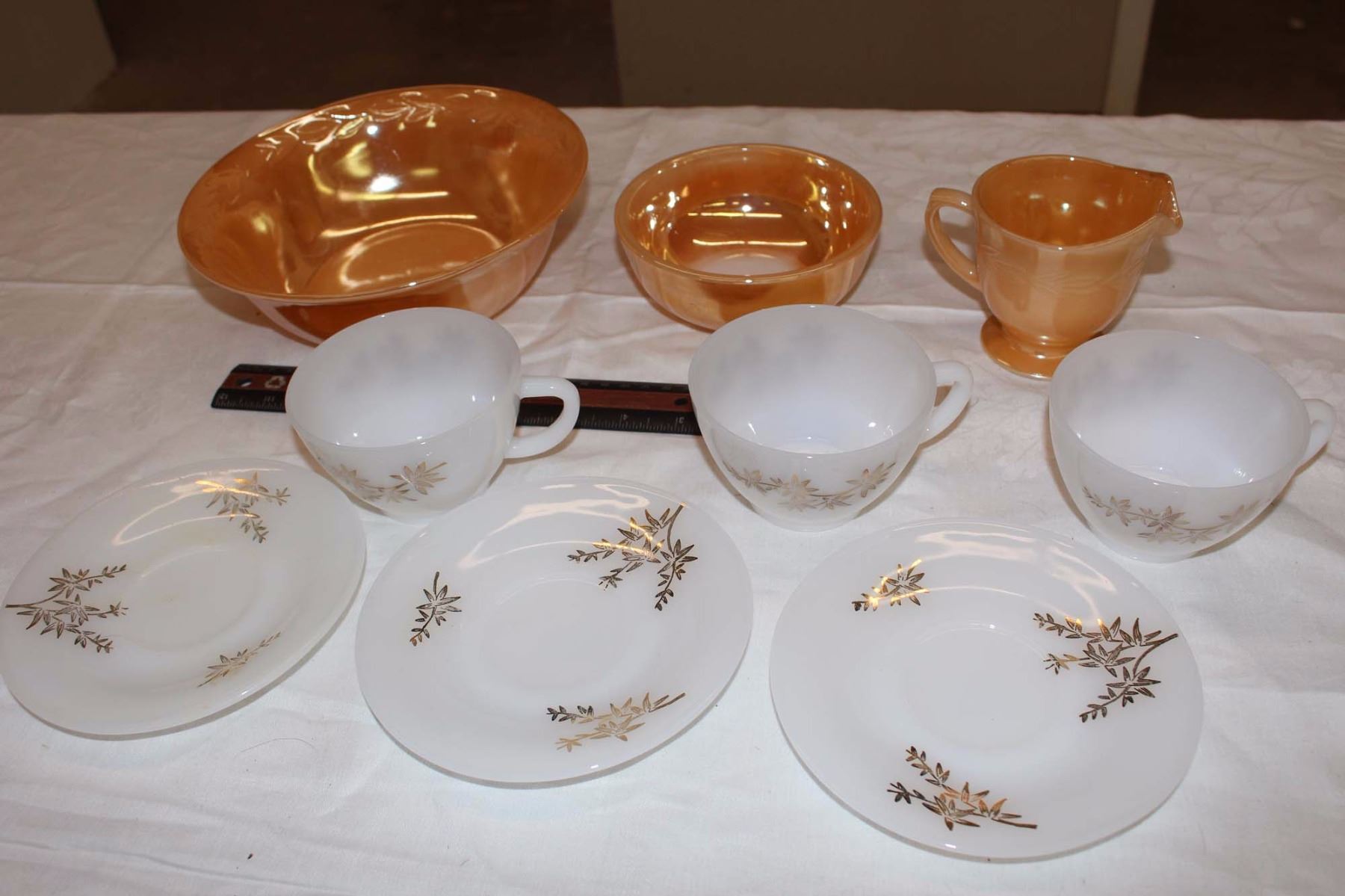 Gold Fire King Glassware (Bowls, Cups & Saucers) Bodnarus Auctioneering