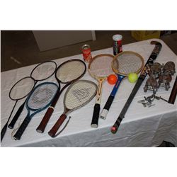 Lot of Sports Equipment (Rackets, Vintage Roller Skates, Shuttlecocks, Etc;)