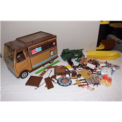 Lot of Assorted Plastic Toys (Big Jim Sports Camper w/Camping Items, Rural Telephone Company Toy Tru