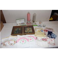 Unique Glass Lamps (2), A&W Miniature Mug, Assorted Handkerchiefs & Cloths, Vintage China Cup & Sauc