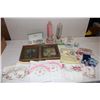 Image 1 : Unique Glass Lamps (2), A&W Miniature Mug, Assorted Handkerchiefs & Cloths, Vintage China Cup & Sauc