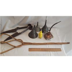 Lot Of Misc Vintage (Shears, Oilers, Funnels, Bamboo Rug Beater)
