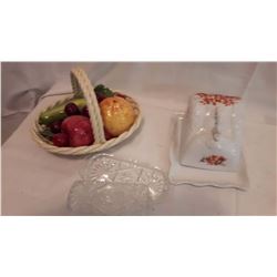 Covered Butter Dishes W/ Ceramic Bowl Of Fruit