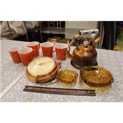 1950’s Copper Clock And Tea Pot, Ashtray Set, And 5 Copper Colored Corelle Mugs