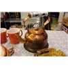 Image 3 : 1950’s Copper Clock And Tea Pot, Ashtray Set, And 5 Copper Colored Corelle Mugs