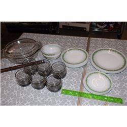 Spring Blossom Dishes (11), Glasses (6)& Pyrex Casserole Dish